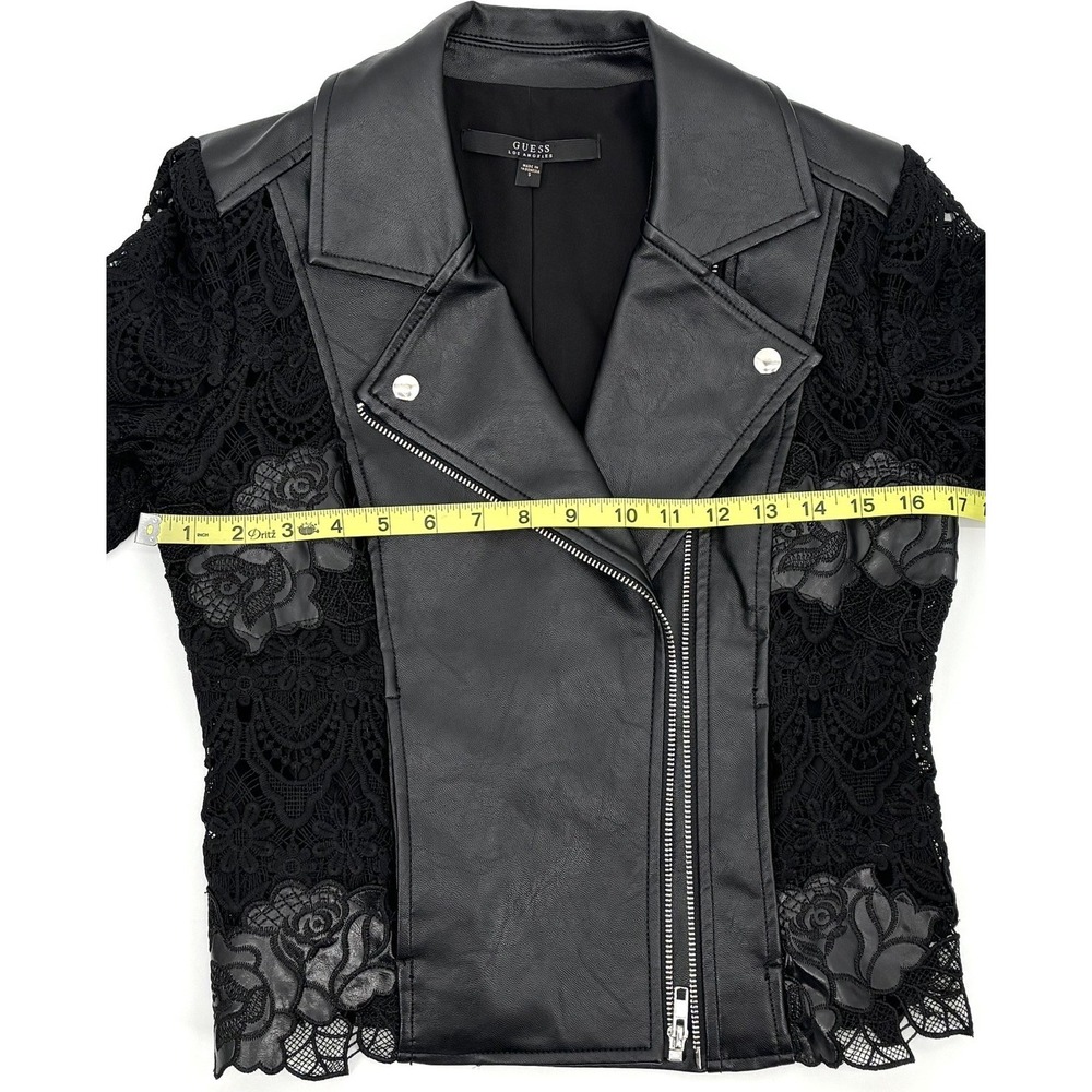 GUESS Los Angeles Moto Jacket Size Small Black Faux Leather Lace Floral Zip - Picture 4 of 8